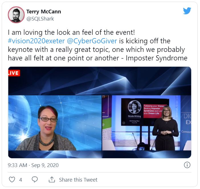 Tweet by Terry McCann picturing a still of the conference broadcast, saying 'Im loving the look and feel of the event'